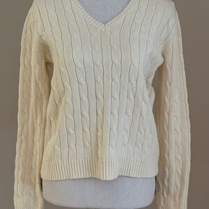 Chaps Women L Cotton Cable Knit V-Neck Sweater Ivory Light Yellow